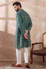 Green Silk Blend Printed Mandarin Collar Straight Kurta With Trouser MKSET2021