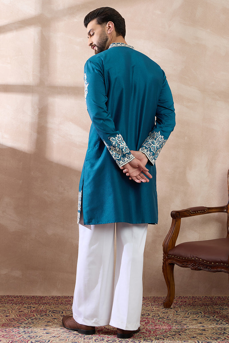 Blue Silk Blend Embroidered Mandarin Collar Straight Kurta MKU2017