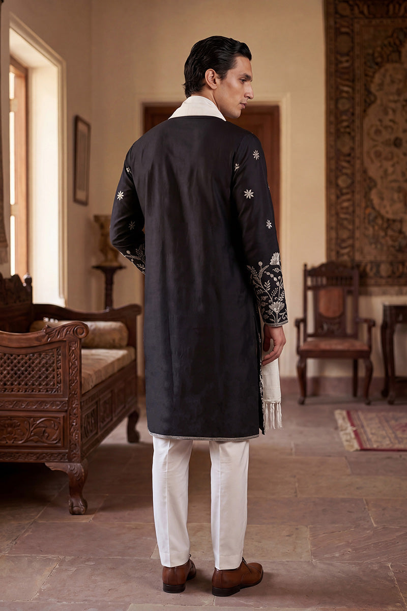 Black Silk Blend Solid Embroidered Straight Kurta Sets MKUD1782