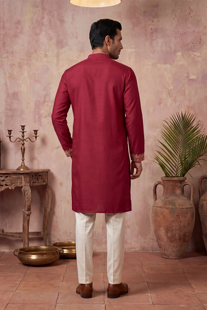 Red Silk Blend Solid Emboidered Straight Kurta MKU2314