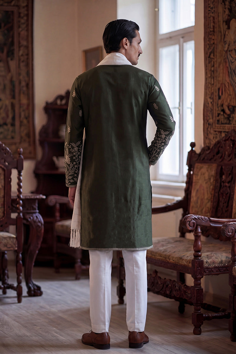 Olive Chanderi Silk Solid Embroidered Straight Kurta with Dupatta MKUD1319