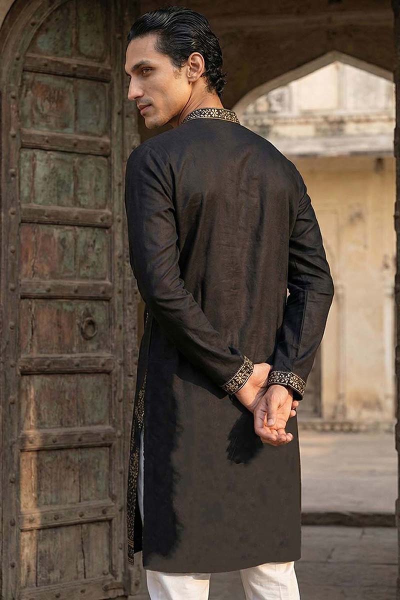 Silk Blend Black Solid Embroidered Calf Length Straight Kurta MKU2128