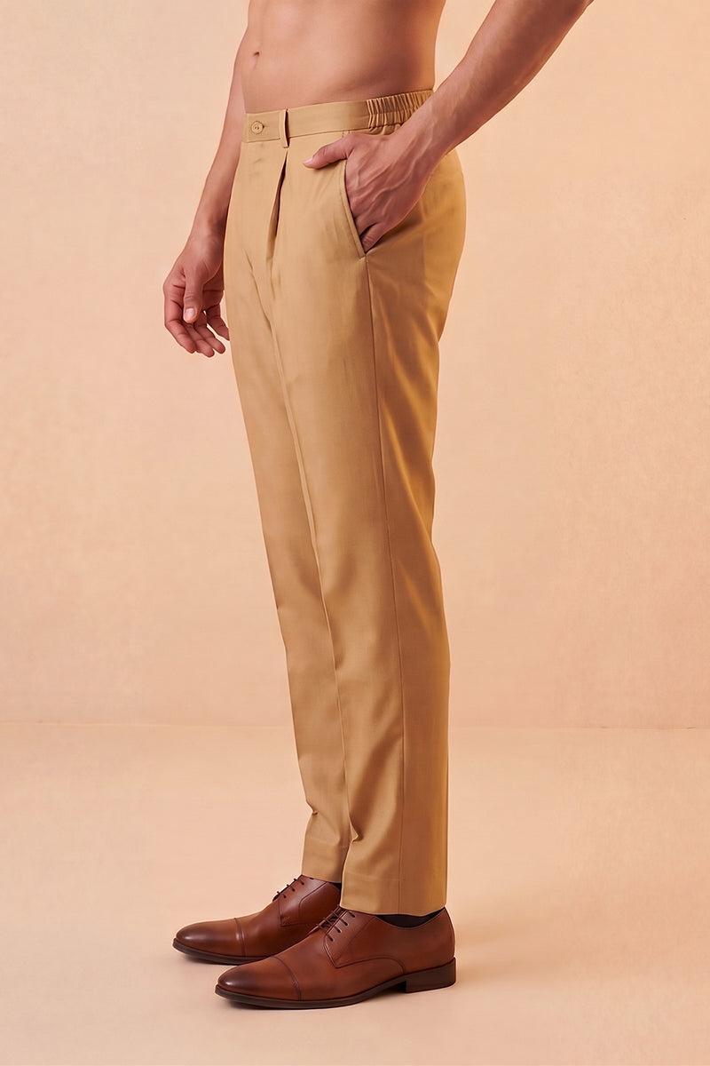 Tan Modal Relaxed Straight Fit Pleated Trousers MBOT1008