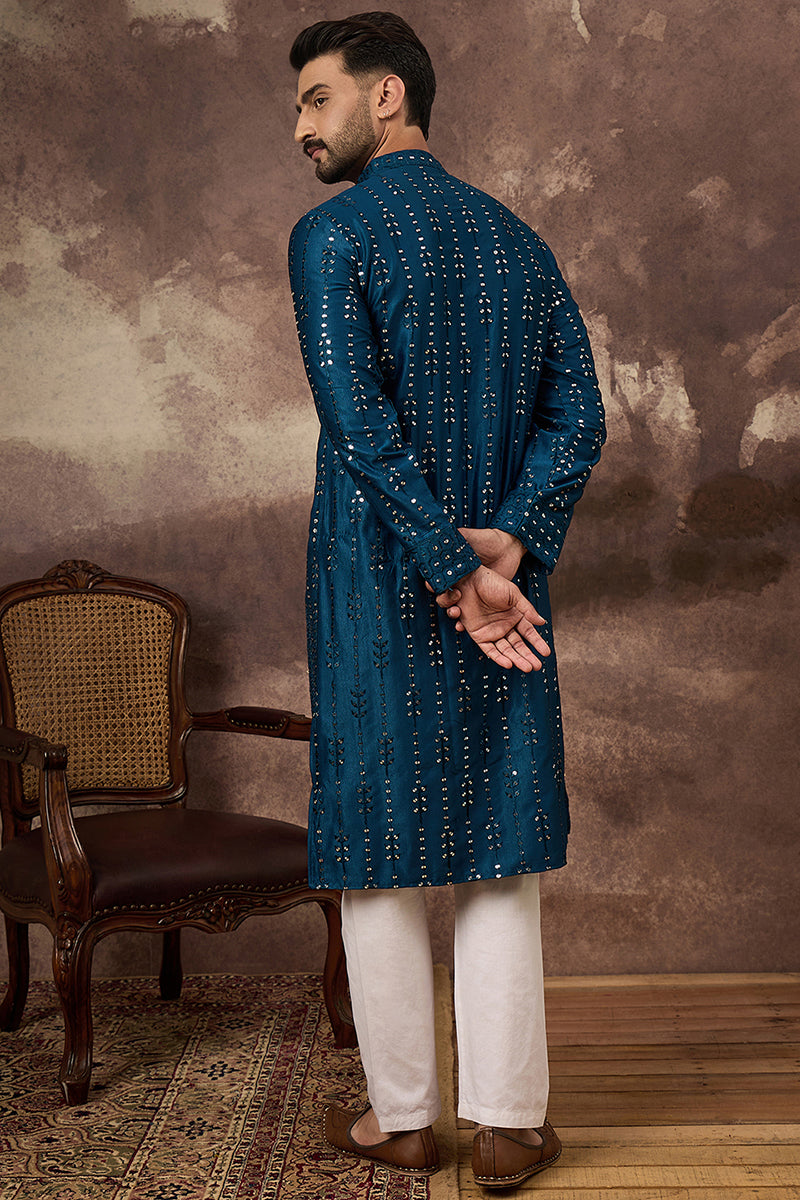 Blue Silk Blend Solid Embroidered Straight Kurta MKU1358