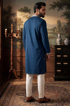Silk Blend Blue Solid Embroidered Calf Length Straight Kurta With Trousers MKSET2099