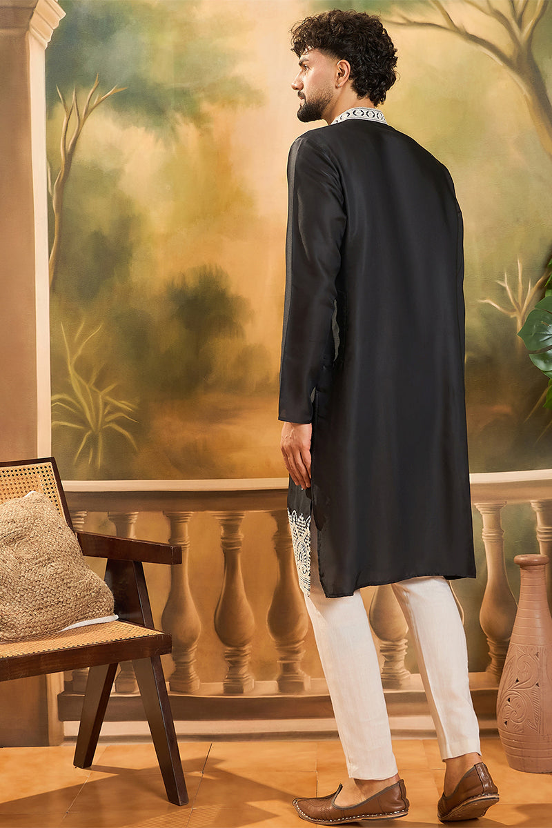 Black Silk Blend Solid Embroidered Straight Kurta MKU1441