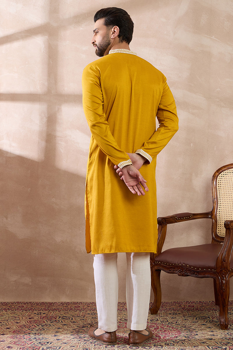 Yellow Silk Blend Embroidered Mandarin Collar Straight Kurta With Trouser MKSET1786