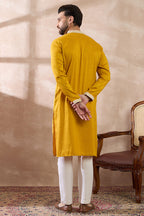 Yellow Silk Blend Embroidered Mandarin Collar Straight Kurta With Trouser MKSET1786