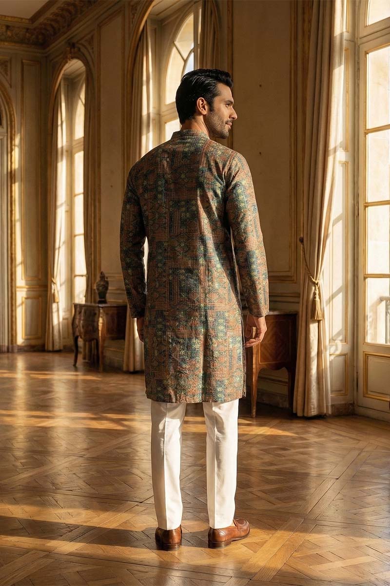 Blue Silk Blend Printed Straight Kurta With Trousers MKSET1934