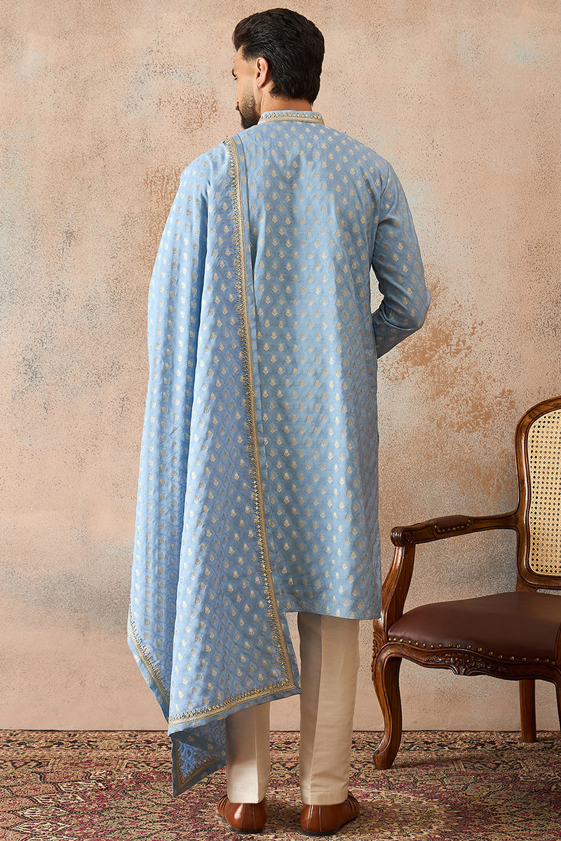 Blue Jacquard Woven Design Floral Straight Kurta Sets MKPD1019