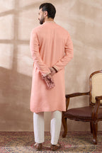 Peach Silk Blend Embroidered Mandarin Collar Straight Kurta With Trouser MKSET2045