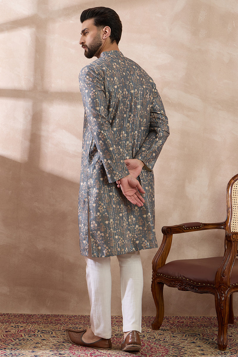 Grey Silk Blend Printed Indian Wear for Men | DesiQlo India