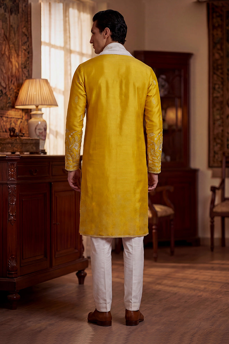 Yellow Chanderi Silk Solid Embroidered Straight Kurta Trouser with Dupatta MKPD1314