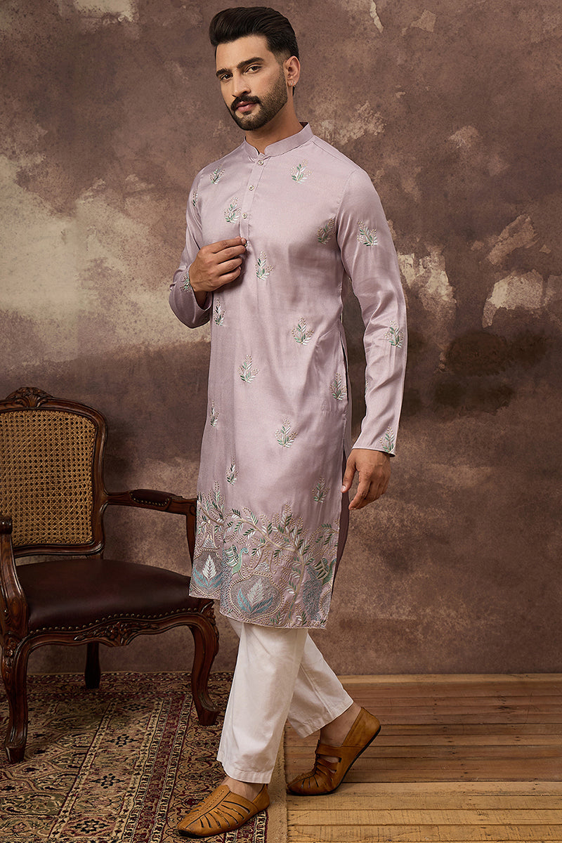 Lavender Silk Blend Solid Embroidered Straight Kurta MKU1349