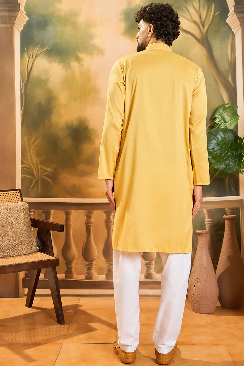 Yellow Silk Blend Solid Embroidered Straight Kurta MKU1498
