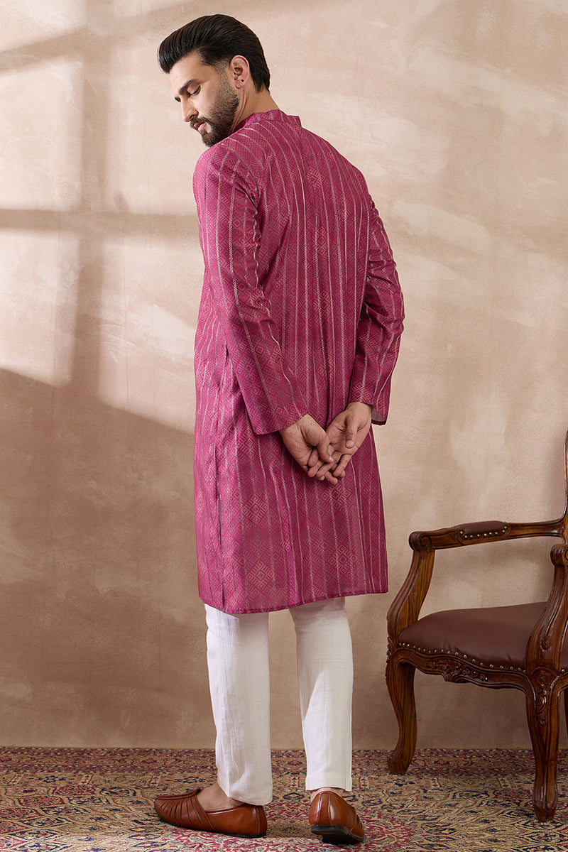 Pink Silk Blend Printed Mandarin Collar Straight Kurta With Trouser MKSET2114