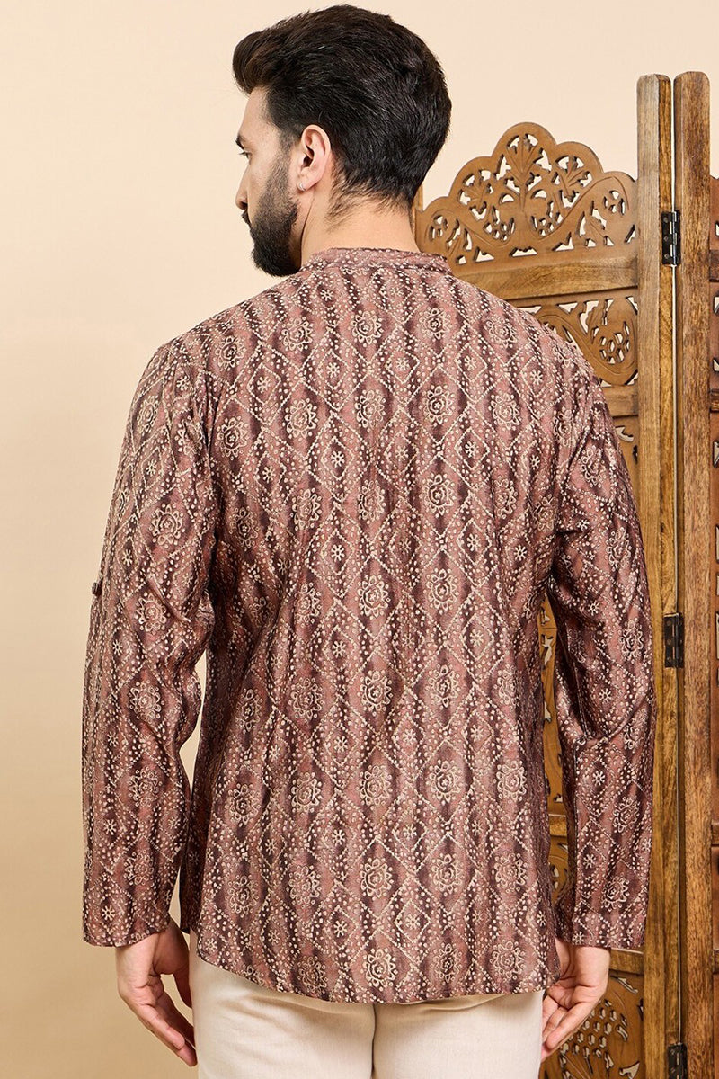 Brown Cotton Geometric Printed Straight Kurta HOPMSKU1008BWN