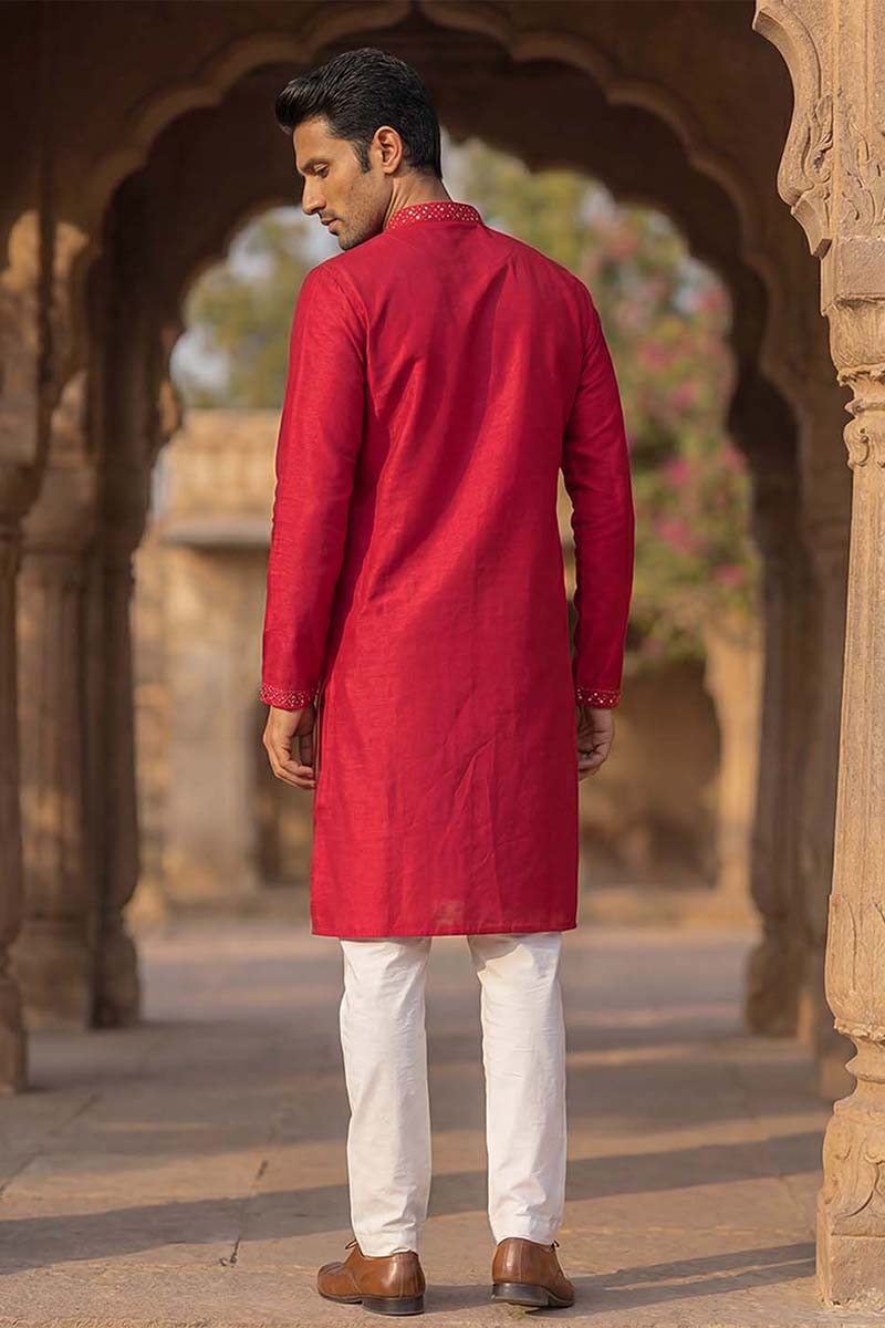 Pink Silk Blend Solid Embroidered Kurta With Trousers MKSET2076