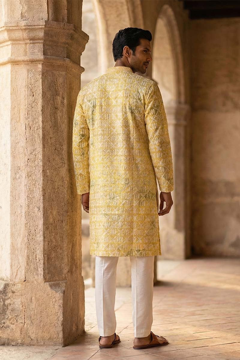 Yellow Viscose Rayon Embroidered Straight Kurta With Trousers MKSET1669