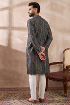 Green Silk Blend Printed Mandarin Collar Straight Kurta With Trouser MKSET2050