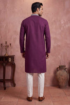 Silk Blend Purple Solid Embroidered Calf Length Straight Kurta With Trousers MKSET2272