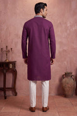 Silk Blend Purple Solid Embroidered Calf Length Straight Kurta With Trousers MKSET2272