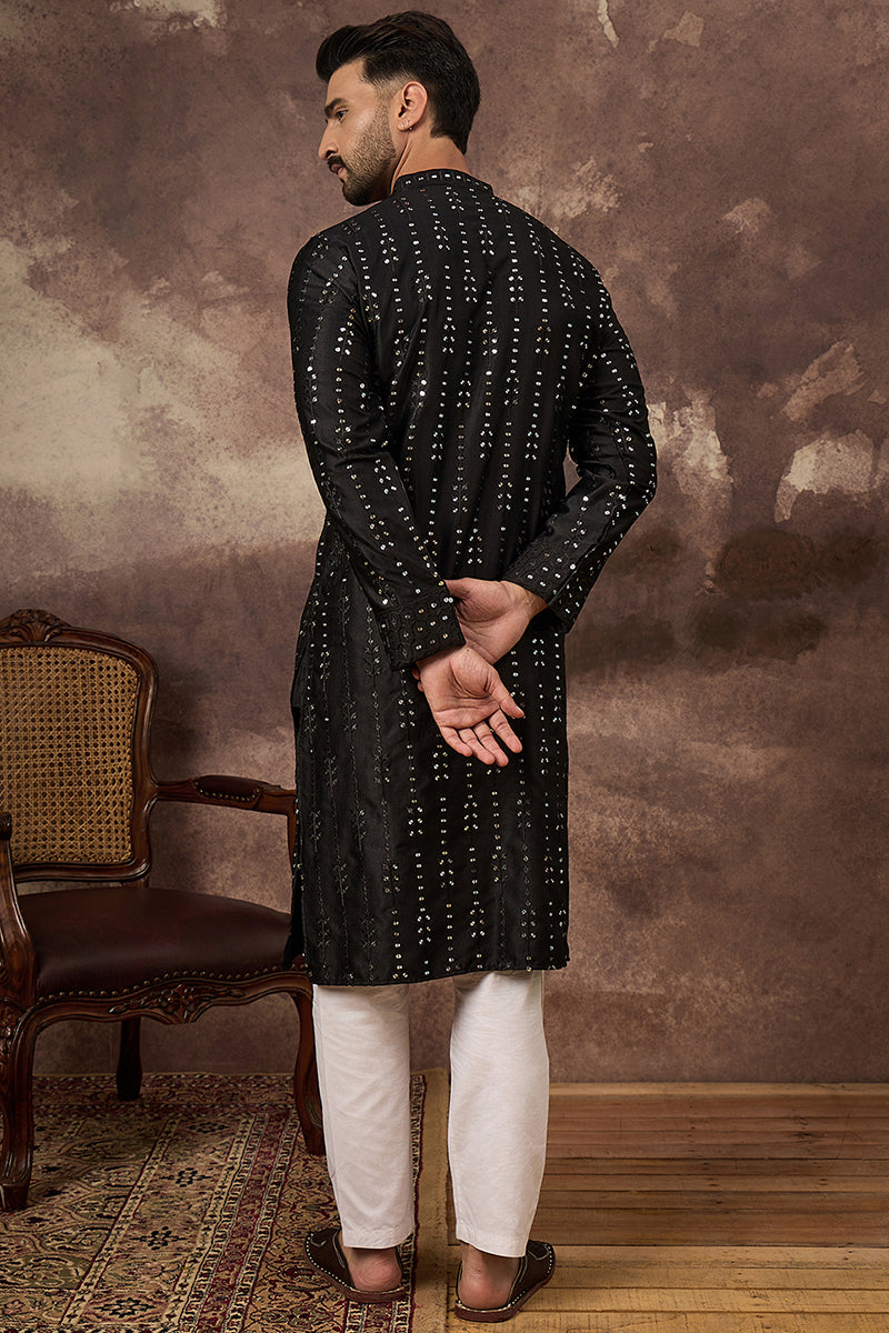 Black Silk Blend Solid Embroidered Straight Kurta MKU1360