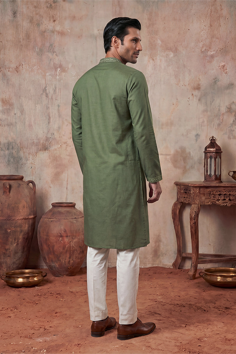 Green Silk Blend Solid Emboidered Sequins Kurta MKU2276