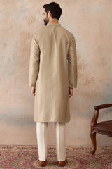 Beige Silk Blend Embroidered Solid Straight Kurta with Trousers MKSET2326