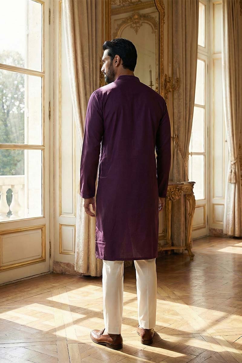 Purple Silk Blend Embroidered Straight Kurta With Trousers MKSET2125