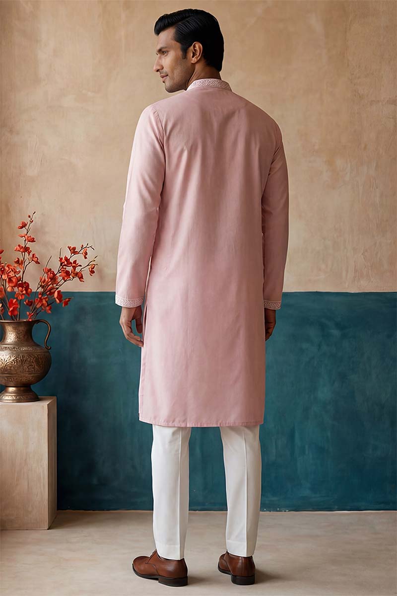 Pink Silk Blend Solid Embroidered Kurta MKU2088