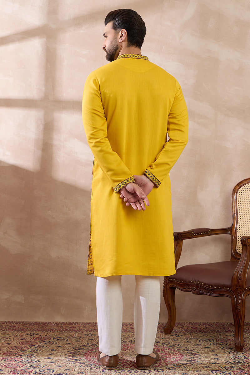 Yellow Silk Blend Embroidered Indian Wear for Men MKSET2039 | DesiQlo