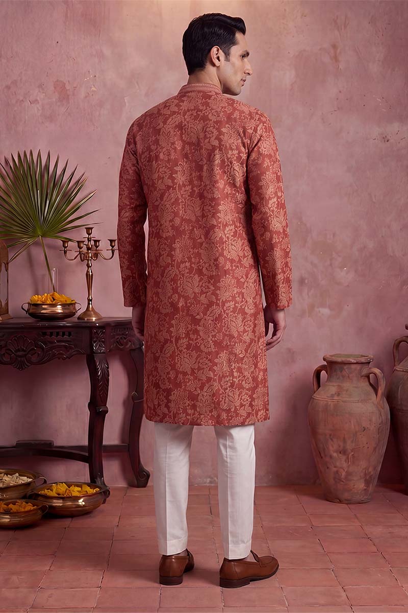 Red Silk Blend Floral Printed Kurta With Trousers MKSET1979