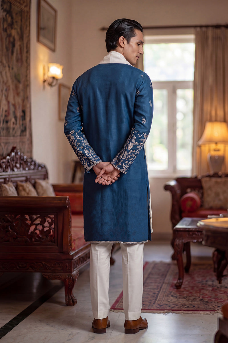Blue Chanderi Silk Solid Embroidered Straight Kurta with Dupatta MKUD1315