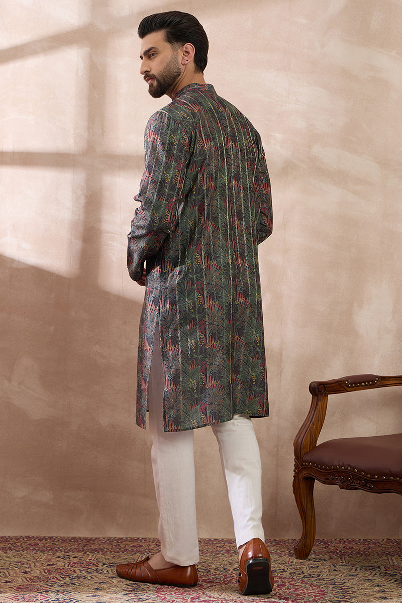 Black Silk Blend Printed Mandarin Collar Straight Kurta MKU2097