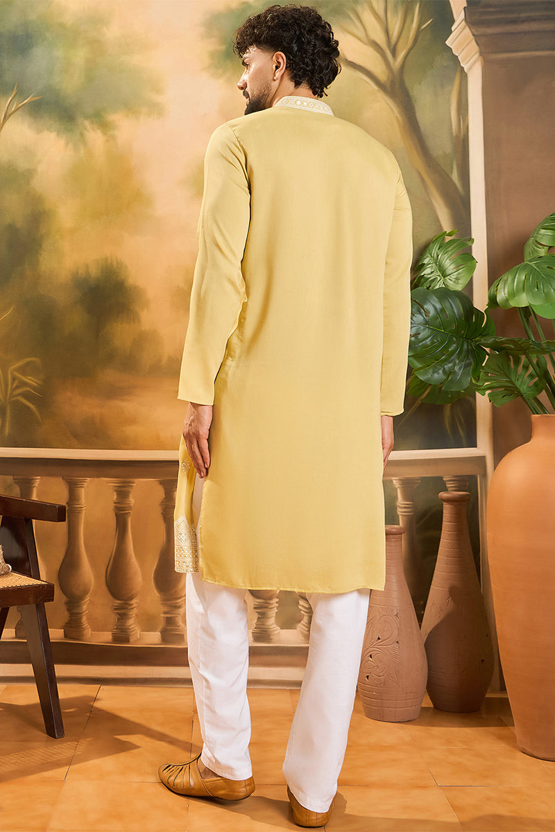 Yellow Silk Solid Embroidered Straight Kurta MKU1434