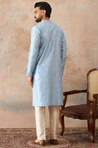 Blue Silk Blend Floral Straight Kurta With Dupatta MKSET2217