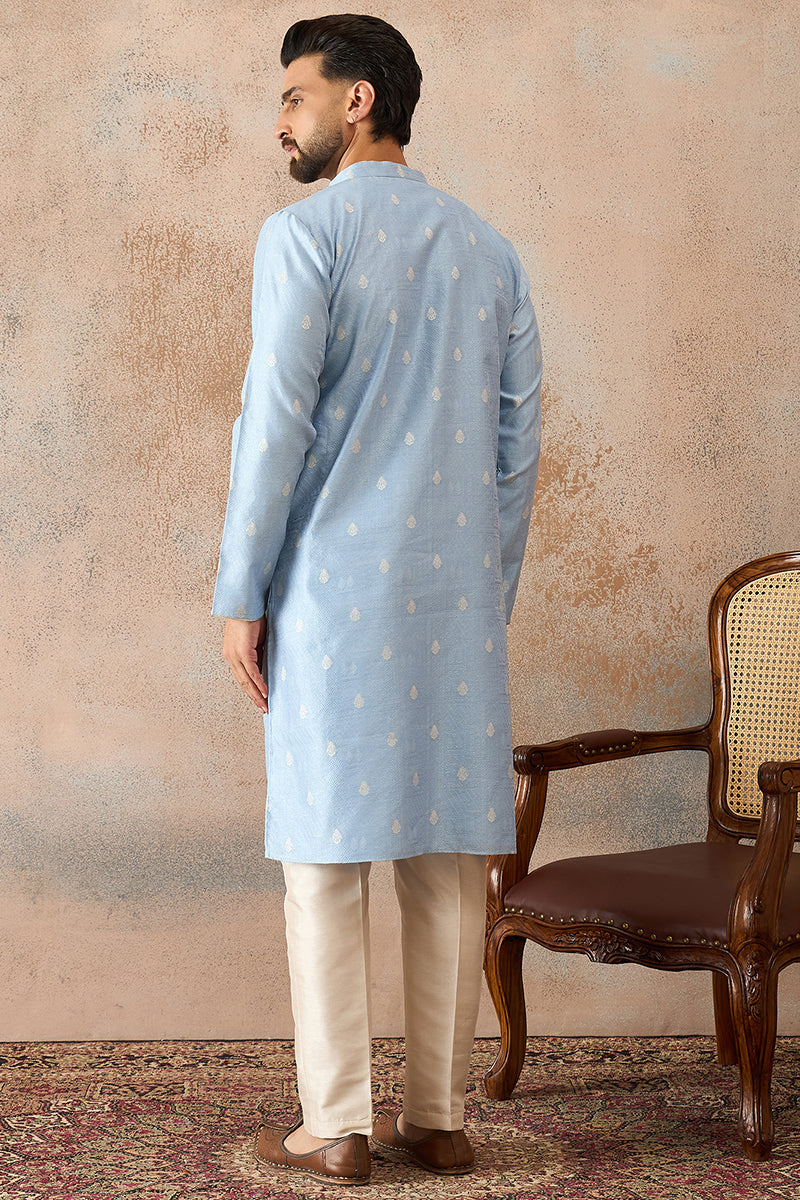 Blue Silk Blend Floral Straight Kurta With Dupatta MKSET2217
