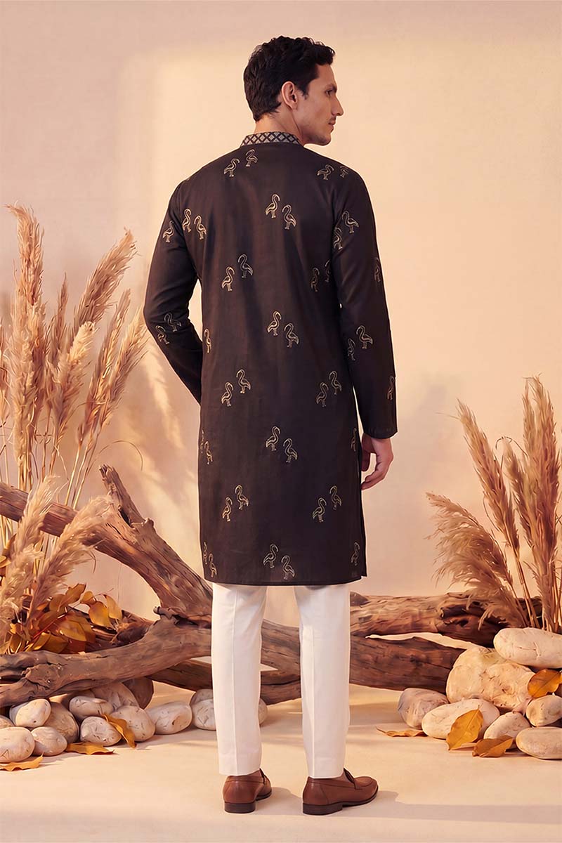 Black Silk Blend Solid Embroidered Kurta MKU1817