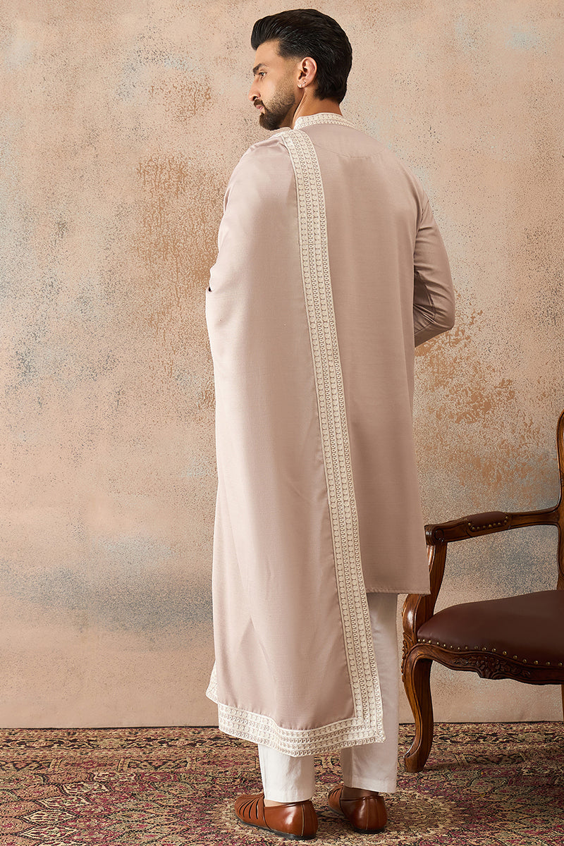 Beige Silk Blend Solid Embroidered Kurta Trouser With Dupatta MKPD1042