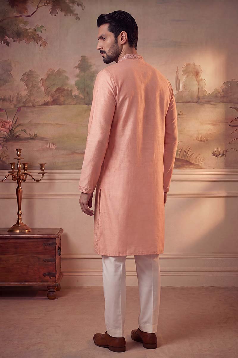 Peach Viscose Rayon Solid Embroidered Kurta With Trousers MKSET2092