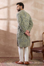 Green Silk Blend Printed Mandarin Collar Straight Kurta MKU1661