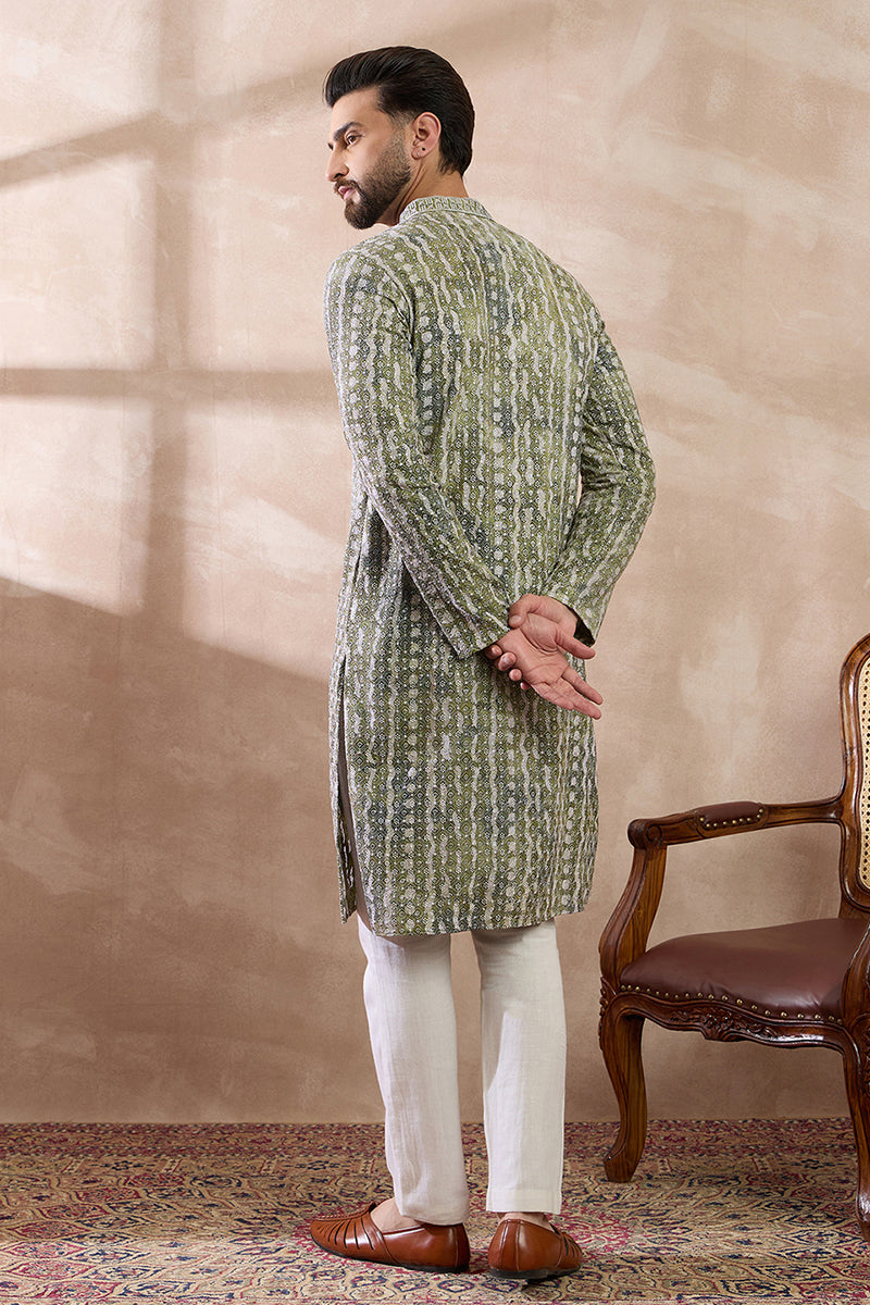 Green Silk Blend Printed Mandarin Collar Straight Kurta MKU1661