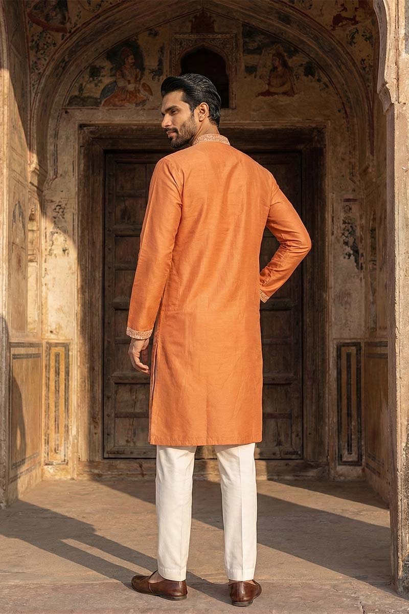 Peach Viscose Rayon Embroidered Straight Kurta With Trousers MKSET2169