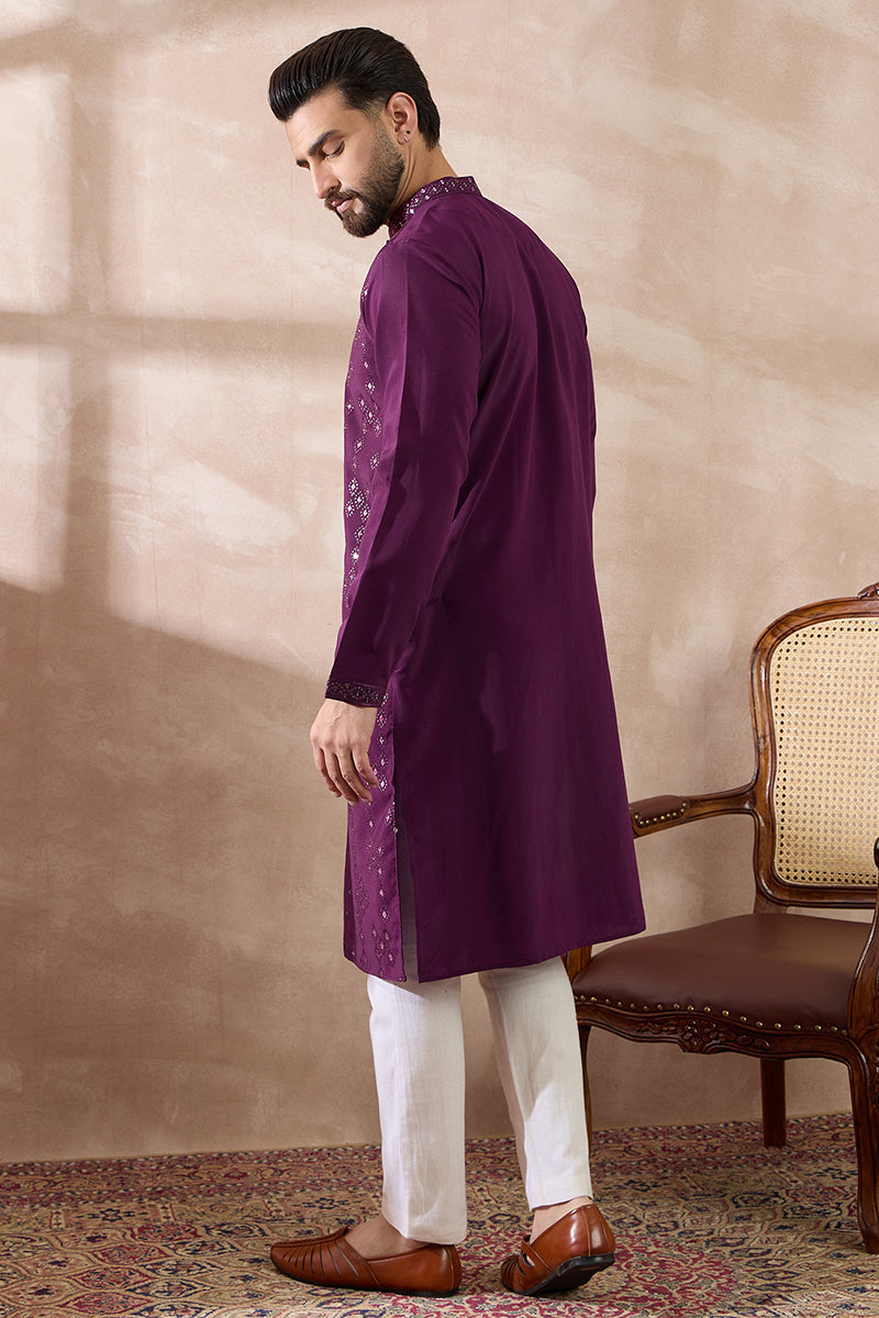 Purple Silk Blend Embroidered Mandarin Collar Straight Kurta MKU2078