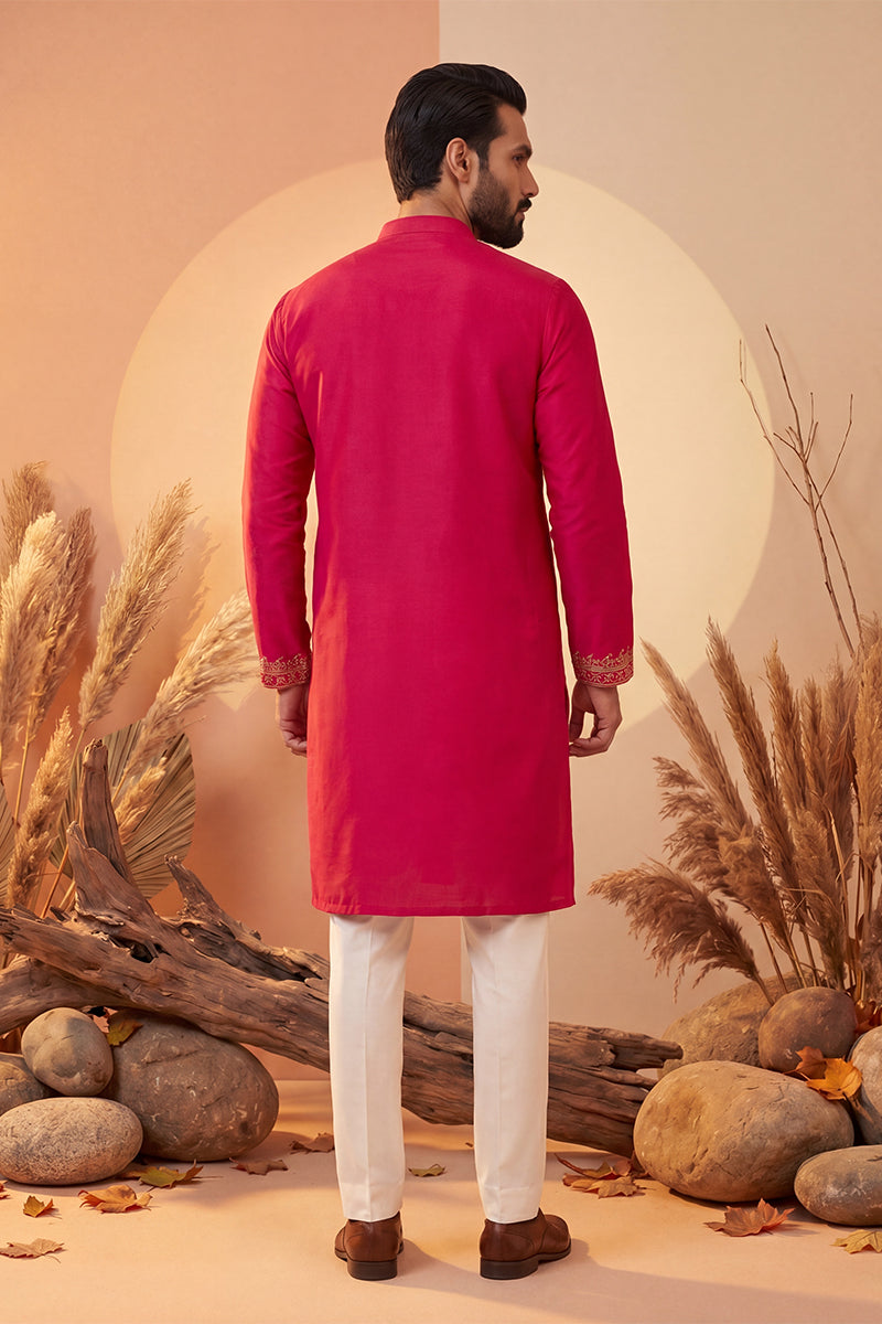 Pink Silk Blend Solid Emboidered Straight Kurta With Trouser MKSET2315