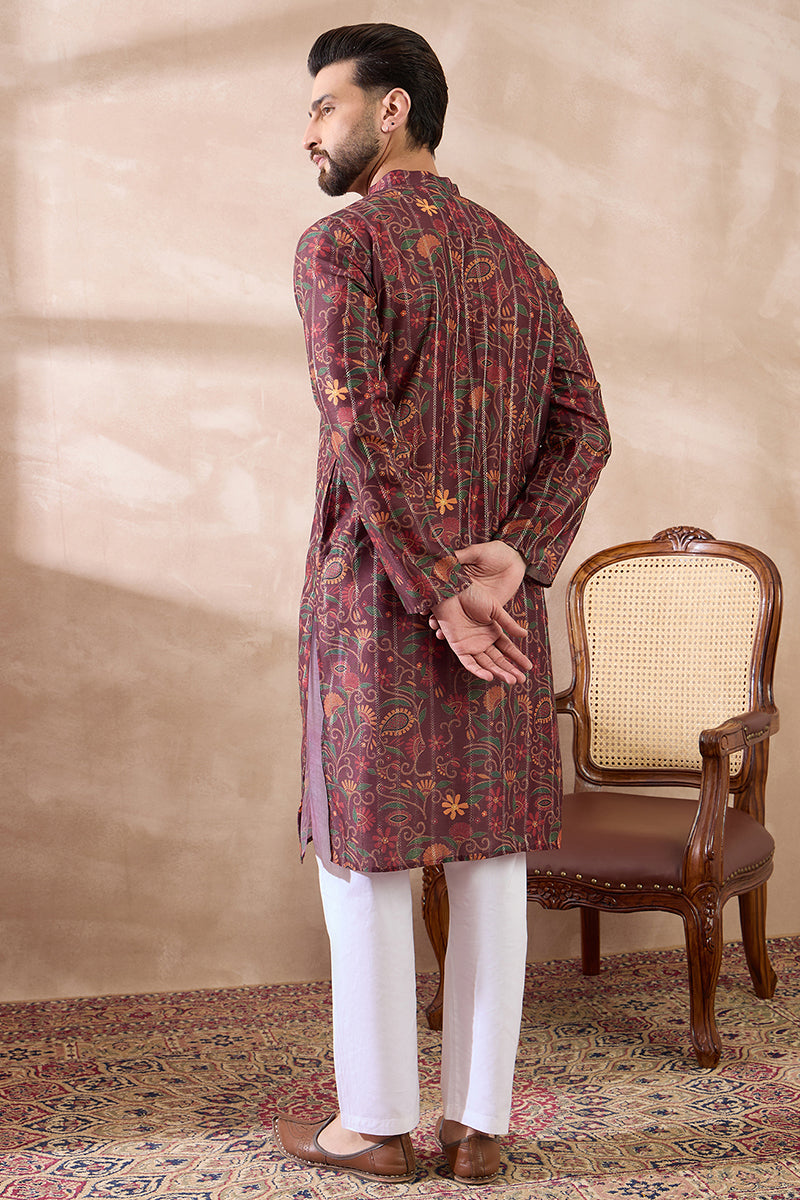 Maroon Silk Blend Printed Mandarin Collar Straight Kurta With Trouser MKSET2024