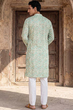 Green Cotton Blend Chevron Embroidered Kurta MKU2068