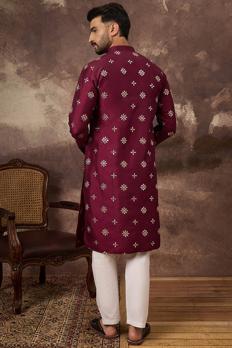 Maroon Silk Blend Embroidered Indian Wear for Men MKU1369 | DesiQlo
