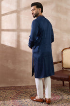 Navy Blue Silk Blend Embroidered Mandarin Collar Straight Kurta MKU2040